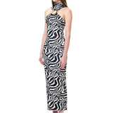 Zebra Knitted Halter Neck Midi Dress With Gold Button