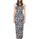 Zebra Knitted Halter Neck Midi Dress With Gold Button