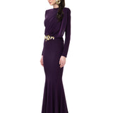 Plum Jersey Dress With Shawl Drape And Gold Byzantine Belt