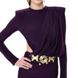 Plum Jersey Dress With Shawl Drape And Gold Byzantine Belt