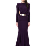 Plum Jersey Dress With Shawl Drape And Gold Byzantine Belt