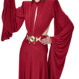 Brick Jersey Dress With Long Ruched Sleeves And Gold Byzantine Belt