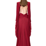Brick Jersey Dress With Long Ruched Sleeves And Gold Byzantine Belt