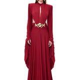 Brick Jersey Dress With Long Ruched Sleeves And Gold Byzantine Belt