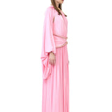 Pink Jersey Ruched Dress With Wide Sleeve And Crystal Rope Detail