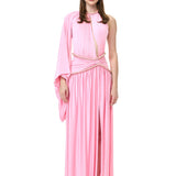 Pink Jersey Ruched Dress With Wide Sleeve And Crystal Rope Detail