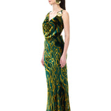 Green Chiffon Cowl-Neckline Maxi Dress With Velvet Print