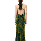 Green Chiffon Cowl-Neckline Maxi Dress With Velvet Print