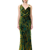 Green Chiffon Cowl-Neckline Maxi Dress With Velvet Print