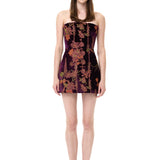 Burgundy Velvet Crystal Embellished Mini Dress With Chiffon Print