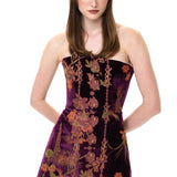Burgundy Velvet Crystal Embellished Mini Dress With Chiffon Print