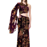 One-Shouldered Velvet Dress With Cut-Outs And Chiffon Print