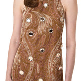Beige Velvet Mini Dress With Chiffon Print And Mirror Embellishment