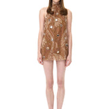 Beige Velvet Mini Dress With Chiffon Print And Mirror Embellishment