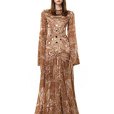 Beige Velvet Flare Sleeved Gown With Chiffon Print And Mirror Embellishment