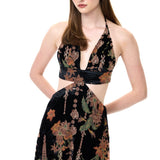 Black Velvet V-Neck Maxi Dress With Chiffon Print