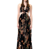 Black Velvet V-Neck Maxi Dress With Chiffon Print
