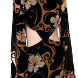 Velvet Maxi Dress With Chiffon Print, Flared Sleeves And Copper Crystal Tassels