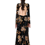 Velvet Maxi Dress With Chiffon Print, Flared Sleeves And Copper Crystal Tassels