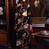 Velvet Maxi Dress With Chiffon Print, Flared Sleeves And Copper Crystal Tassels