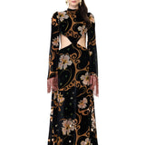 Velvet Maxi Dress With Chiffon Print, Flared Sleeves And Copper Crystal Tassels