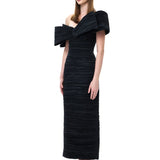 Black Satin Pleated Midi Dress With Bow Detail
