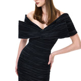Black Satin Pleated Midi Dress With Bow Detail