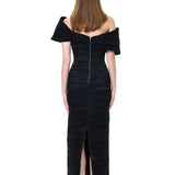 Black Satin Pleated Midi Dress With Bow Detail