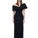 Black Satin Pleated Midi Dress With Bow Detail