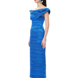 Blue Satin Pleated Cowl-Neckline Midi Dress