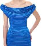 Blue Satin Pleated Cowl-Neckline Midi Dress