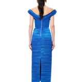 Blue Satin Pleated Cowl-Neckline Midi Dress