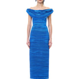 Blue Satin Pleated Cowl-Neckline Midi Dress
