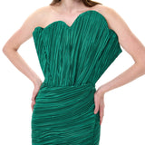 Satin Pleated Midi Dress With Fan Neckline Corset