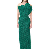 Satin Pleated Midi Dress With Fan Neckline Corset