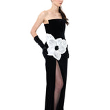 Black Velvet Corset Dress With Organza Flower Detail