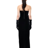 Black Velvet Corset Dress With Organza Flower Detail