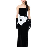 Black Velvet Corset Dress With Organza Flower Detail