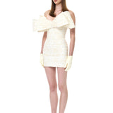 Ecru Pleated Lace Mini Dress With Bow Detail