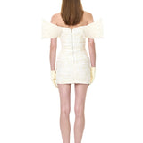 Ecru Pleated Lace Mini Dress With Bow Detail