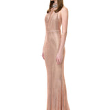 Salmon Crystal Mesh Dress With Diamond Necklace Detail