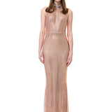 Salmon Crystal Mesh Dress With Diamond Necklace Detail