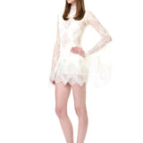 Ecru Mini Lace Dress With Flared Sleeves, Crystal Tassels And Beaded Buttons