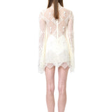 Ecru Mini Lace Dress With Flared Sleeves, Crystal Tassels And Beaded Buttons