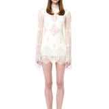 Ecru Mini Lace Dress With Flared Sleeves, Crystal Tassels And Beaded Buttons