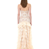 Ecru Lace Gown With Organza Laser-Cut Skirt And Embroidered Tassel Buttons