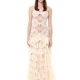 Ecru Lace Gown With Organza Laser-Cut Skirt And Embroidered Tassel Buttons