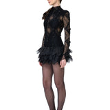 Black Lace Mini Dress With Organza Feathers And Beaded Tassels