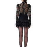 Black Lace Mini Dress With Organza Feathers And Beaded Tassels