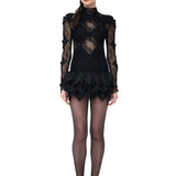 Black Lace Mini Dress With Organza Feathers And Beaded Tassels